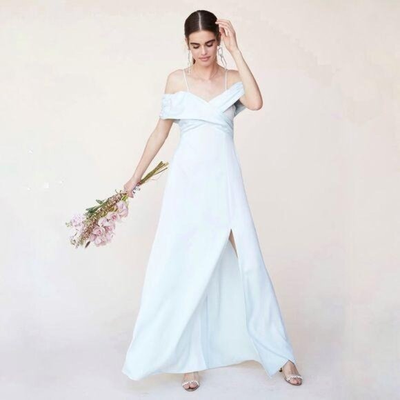 LPA Shirred Cross Front Gown Blue Maxi Dress Size Small Front Slit Ruched Sz S - Picture 4 of 14